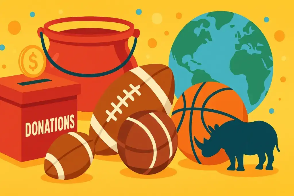 9月22日の記念日を表す挿絵。募金箱や社会鍋、ラグビーボール、バスケットボール、地球とサイのシルエットを組み合わせ、社会貢献とスポーツを象徴するデザイン。