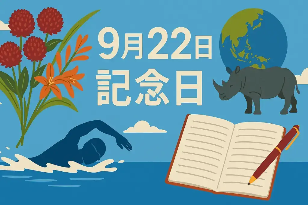 9月22日の記念日や誕生日、誕生花、歴史を象徴するイラスト。センニチコウと茜の花束、北島康介の水泳シルエット、世界サイの日や日記帳のモチーフを組み合わせたデザイン