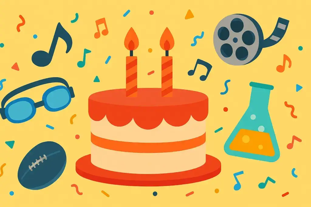 9月22日生まれの誕生日を表す挿絵。バースデーケーキとろうそくを中心に、音符、フィルムリール、水泳ゴーグル、科学のフラスコを散りばめた華やかなデザイン。