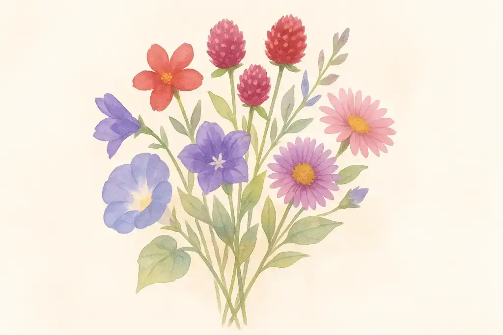 9月22日の誕生花を表す挿絵。千日紅、茜、沢桔梗、アスター、朝顔を束ねた秋らしい花束を柔らかな水彩風で描いたイラスト。
