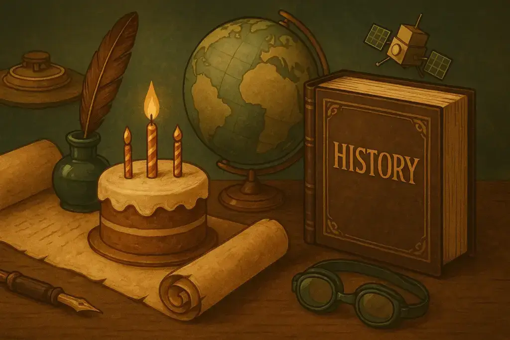 9月22日の歴史を表す挿絵。古い巻物や歴史書を前景に、背景に地球儀や万年筆、小さな相撲土俵や探査機のモチーフを配置したクラシカルなデザイン。