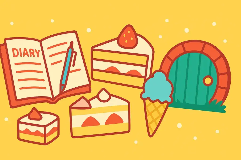 9月22日の豆知識を表す挿絵。日記帳とペン、ショートケーキ、アイスクリームコーン、ホビット風の家の扉を並べたカラフルでコミカルなイラスト。