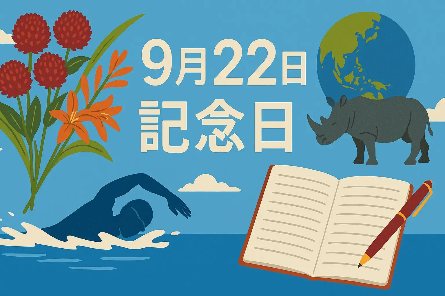 9月22日の記念日や誕生日、誕生花、歴史を象徴するイラスト。センニチコウと茜の花束、北島康介の水泳シルエット、世界サイの日や日記帳のモチーフを組み合わせたデザイン