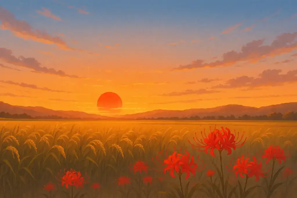 秋分の日を象徴する太陽と月、お墓参りの家族、テニスコートや万年筆のモチーフを組み合わせた記念日イラスト