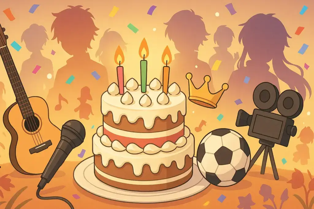 誕生日を祝うケーキの周りにマイクやギター、サッカーボール、映画カメラとアニメキャラクターのシルエットを配置した誕生日イラスト