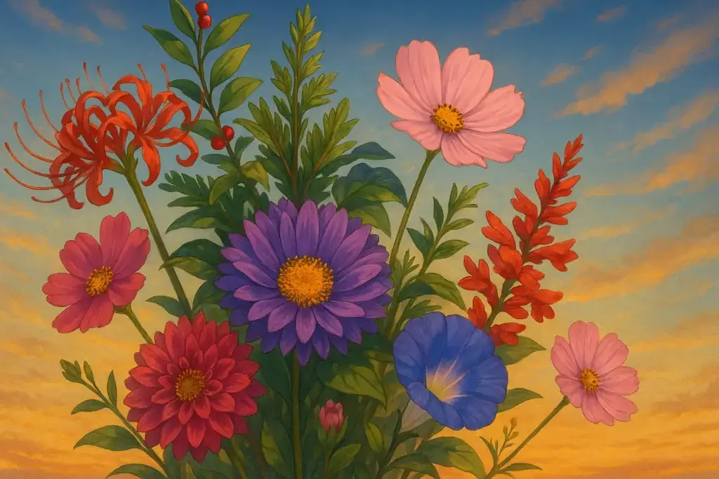 彼岸花、イチイ、アスター、コスモスやダリアなどを束ねた花束と秋空を背景にした誕生花のイラスト