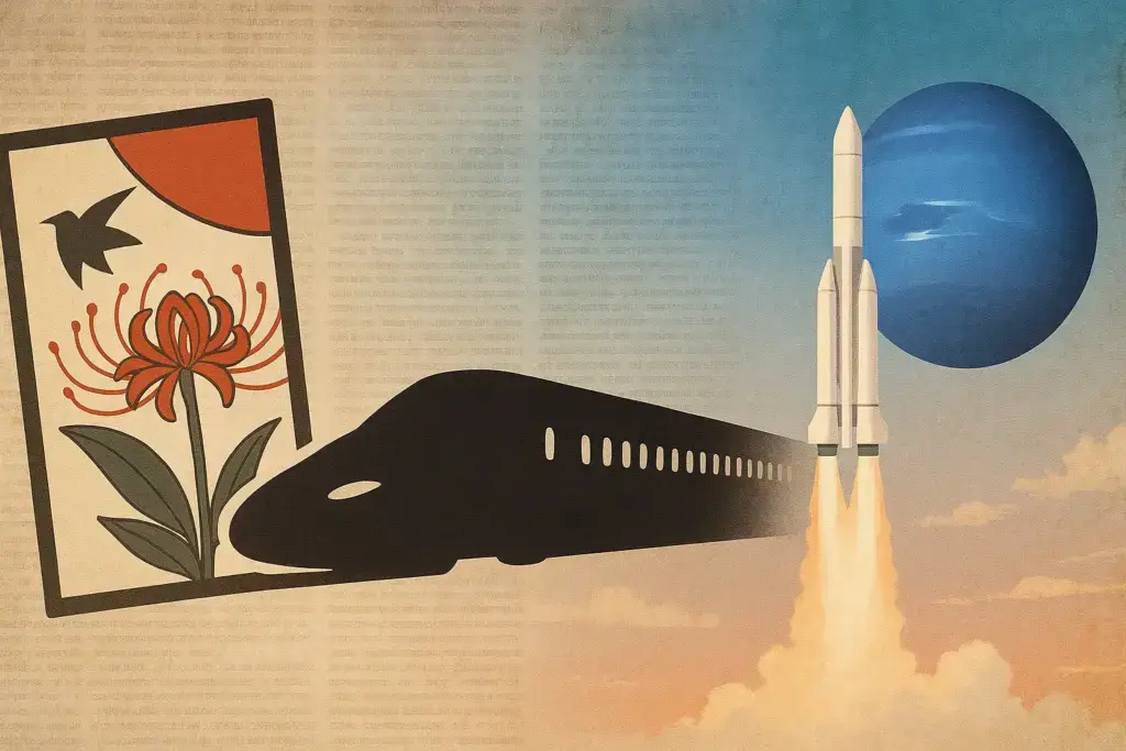 任天堂の花札、西九州新幹線のシルエット、ロケットと海王星を描き歴史と未来を対比した歴史イラスト