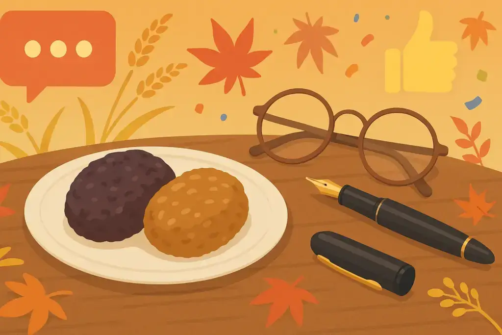 テーブルにおはぎとぼたもち、万年筆や眼鏡を並べ、SNS吹き出しと紅葉を背景にした豆知識イラスト
