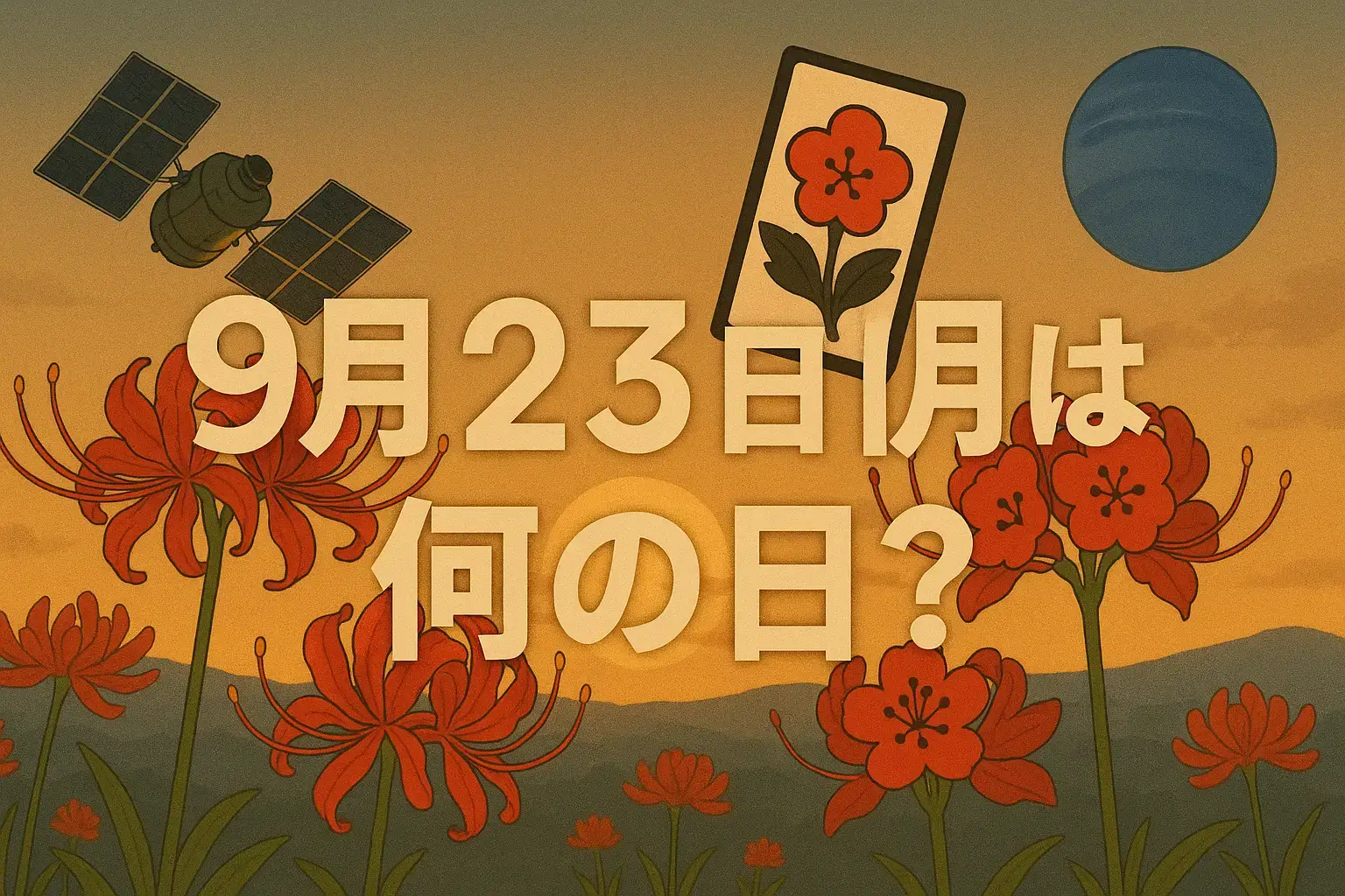 9月23日は何の日?秋分の日の夕暮れと彼岸花、稲穂が揺れる田園風景を描いた季節感あふれるイラスト