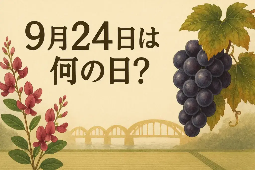 9月24日は何の日イメージ画像｜萩の花と葡萄、天草五橋を背景に描いたデザイン。9月24日の記念日や誕生日、誕生花や歴史を紹介する記事用アイキャッチ