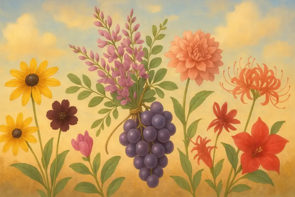 9月24日の誕生花イラスト|萩や葡萄、ルドベキアを中心にダリアや彼岸花など秋を象徴する花々を描いたデザイン