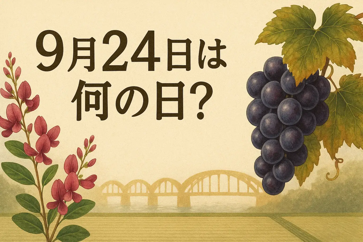 9月24日は何の日イメージ画像|萩の花と葡萄、天草五橋を背景に描いたデザイン。9月24日の記念日や誕生日、誕生花や歴史を紹介する記事用アイキャッチ