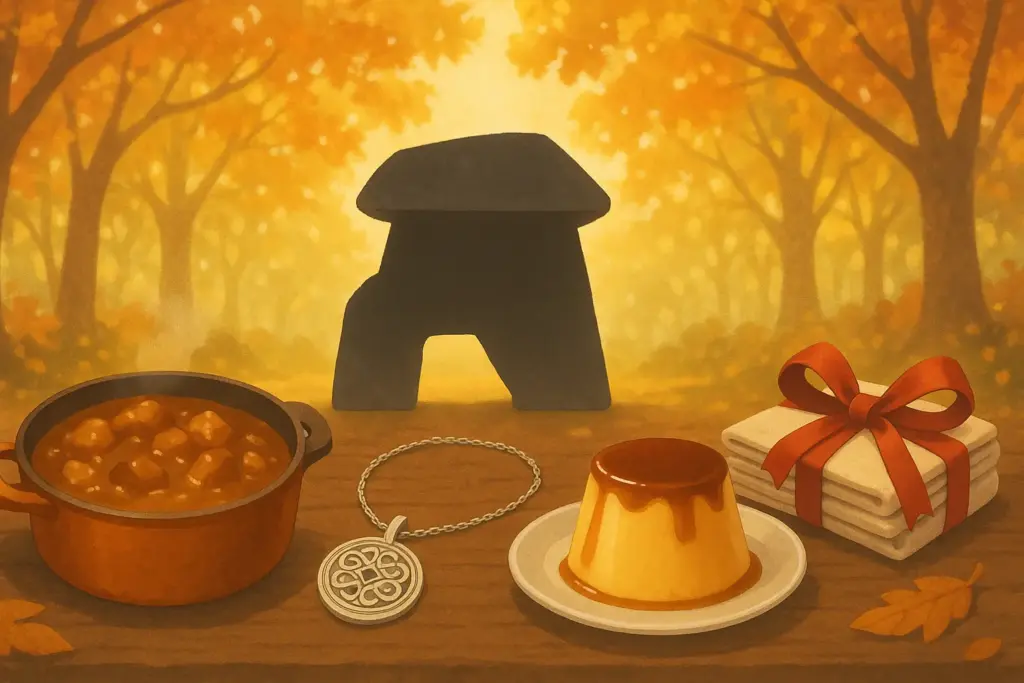 9月25日の記念日を象徴するカレー鍋、藤ノ木古墳、シルバーアクセサリー、プリンを描いたイラスト。