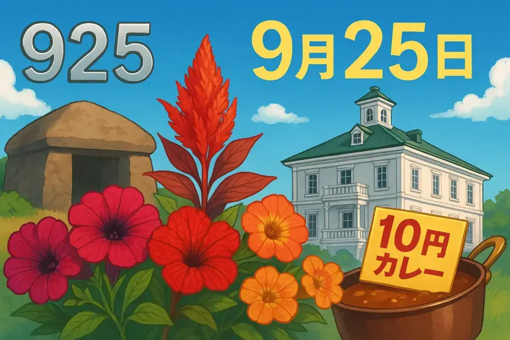 9月25日の記念日や誕生日を象徴するアイキャッチイラスト。誕生花のペチュニア・ハゲイトウ・カリブラコアを中心に、藤ノ木古墳の石棺、松本楼の10円カレー鍋、秋空を背景にした洋館が描かれ、925の日付を示すモチーフも配置されたデザイン。