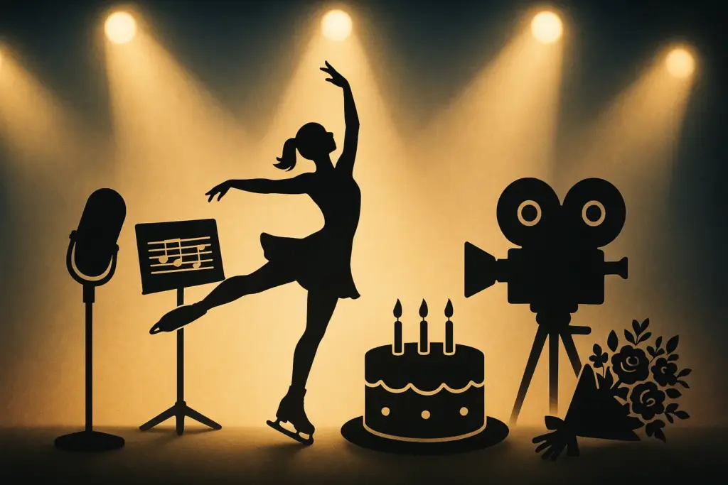 9月25日生まれの有名人を象徴するフィギュアスケート、マイク、映画カメラ、バースデーケーキを描いたイラスト。