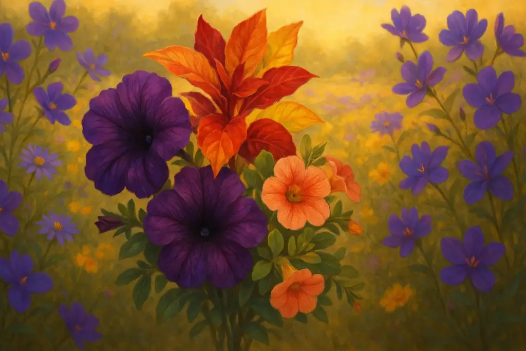 9月25日の誕生花であるペチュニア、ハゲイトウ、カリブラコアを中心に描いた華やかな花束のイラスト。