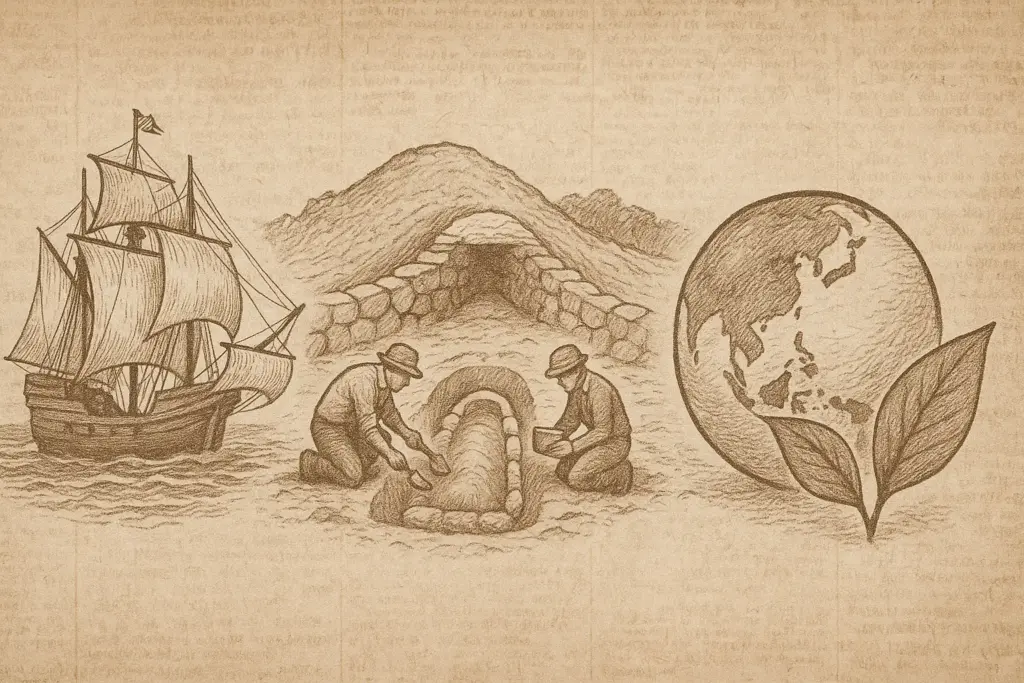 9月25日の歴史を象徴する帆船、藤ノ木古墳の発掘、SDGsをイメージした地球を描いたイラスト。