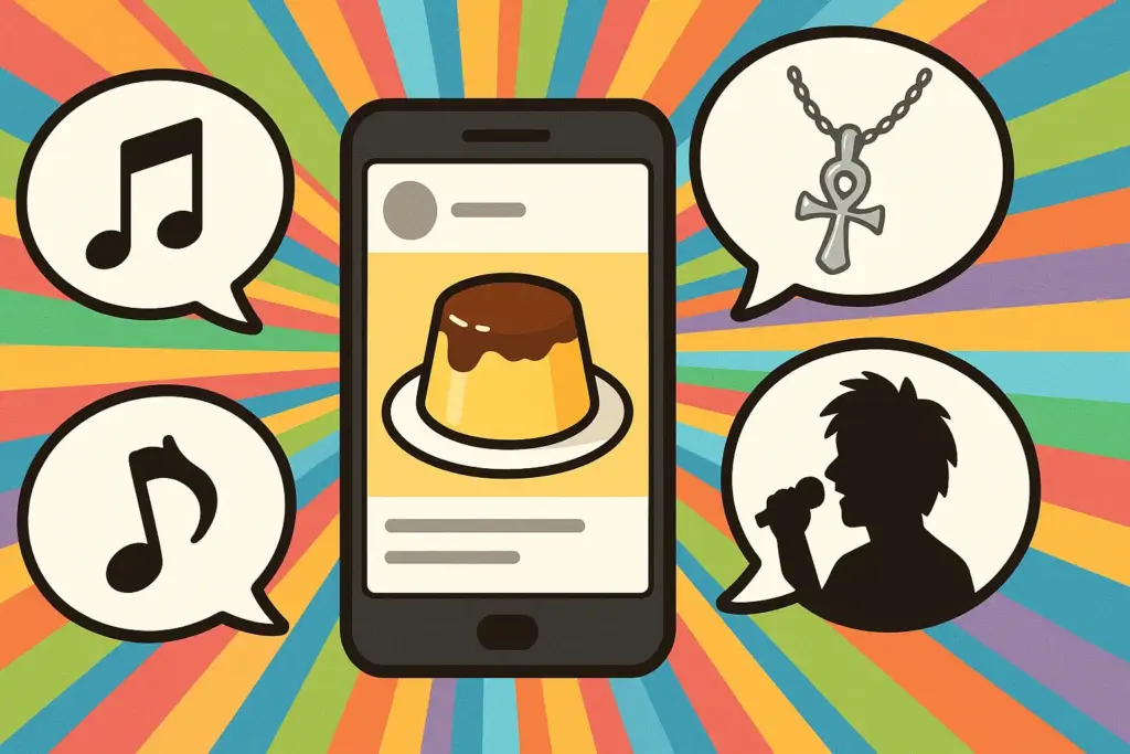 9月25日の豆知識を象徴するプリン、音符、シルバーアクセサリー、一発屋アーティストを描いたポップなイラスト。