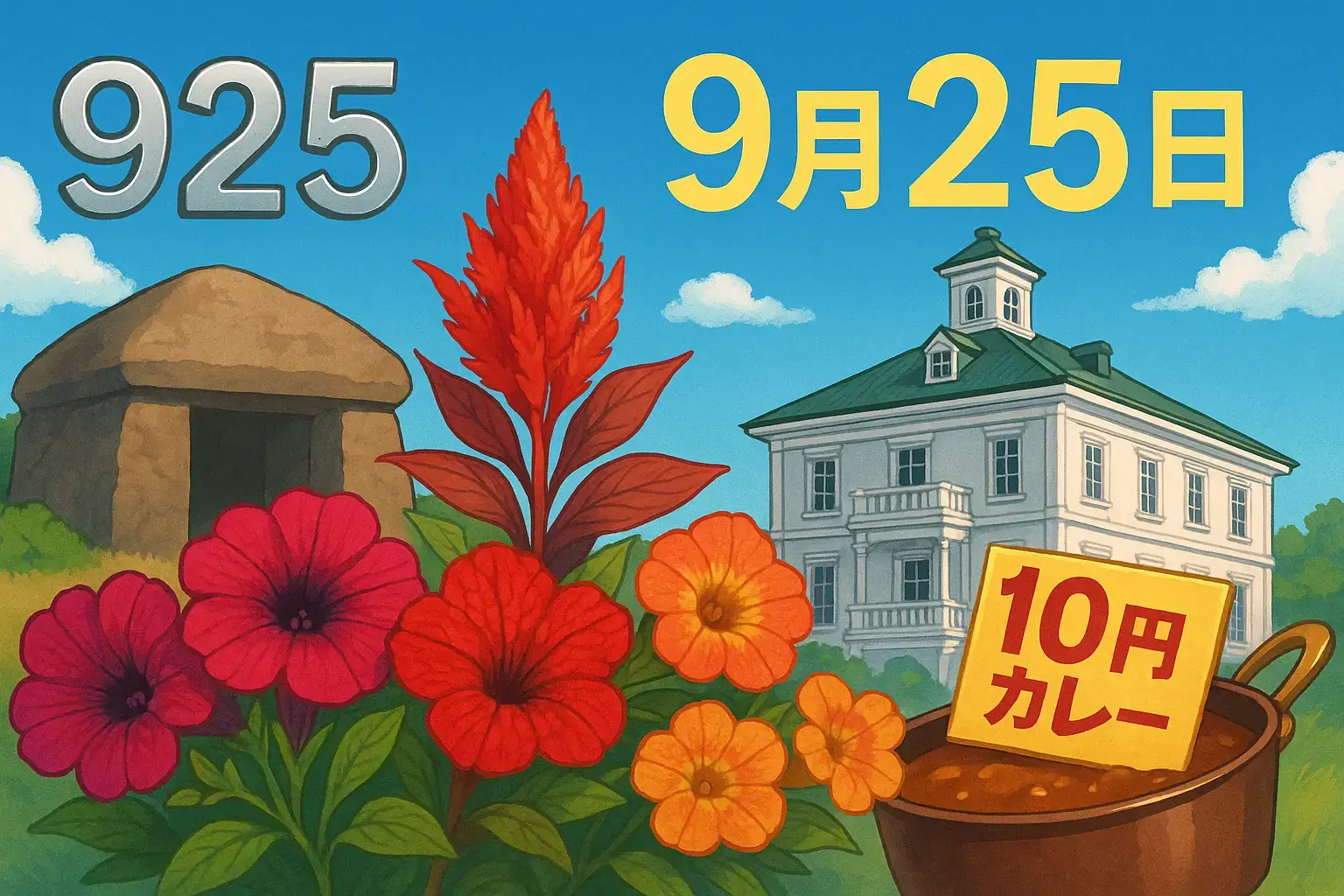 9月25日の記念日や誕生日を象徴するアイキャッチイラスト。誕生花のペチュニア・ハゲイトウ・カリブラコアを中心に、藤ノ木古墳の石棺、松本楼の10円カレー鍋、秋空を背景にした洋館が描かれ、925の日付を示すモチーフも配置されたデザイン。