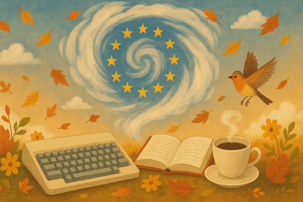 9月26日の記念日を象徴するイラスト。ワープロや本、台風の雲、ヨーロッパの国旗を背景に描いたデザイン。