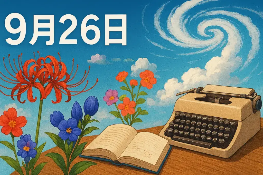 9月26日は何の日をテーマにしたアイキャッチ画像。彼岸花やリンドウ、台風の雲、ワープロや本を組み合わせ、記念日や歴史、誕生日を象徴的に描いたデザイン。