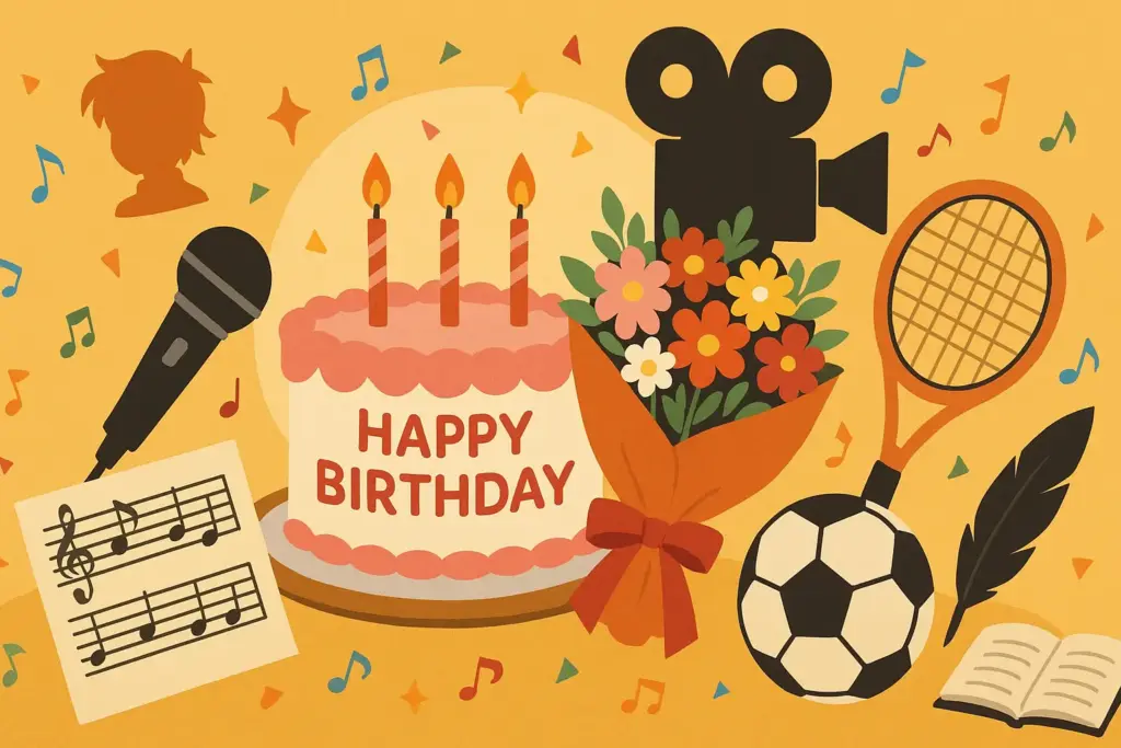 9月26日生まれの誕生日を象徴するイラスト。ケーキや花束、楽器やスポーツ道具、キャラクターのシルエットが並ぶデザイン。