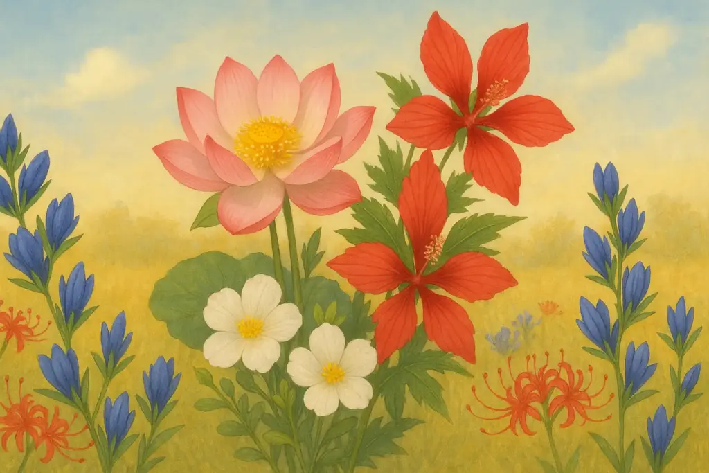 9月26日の誕生花を描いたイラスト。ハス、ポーチュラカ、モミジアオイを中心にリンドウや彼岸花を彩ったデザイン。