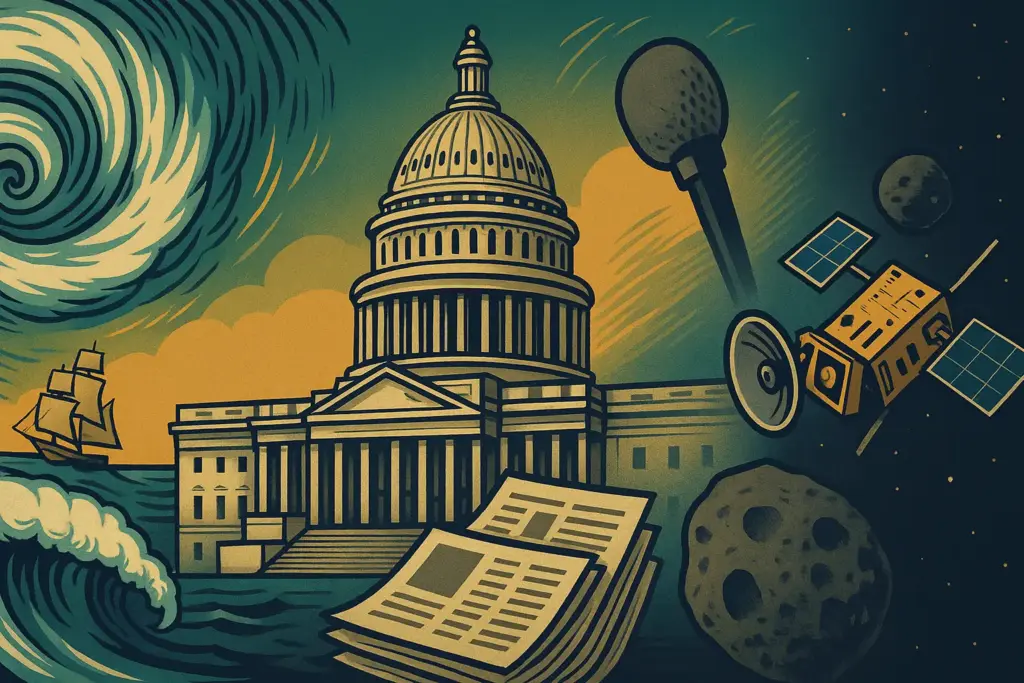 9月26日の歴史を表すイラスト。台風や地震、国会議事堂、探査機と小惑星、帆船やマイクを描いたデザイン。