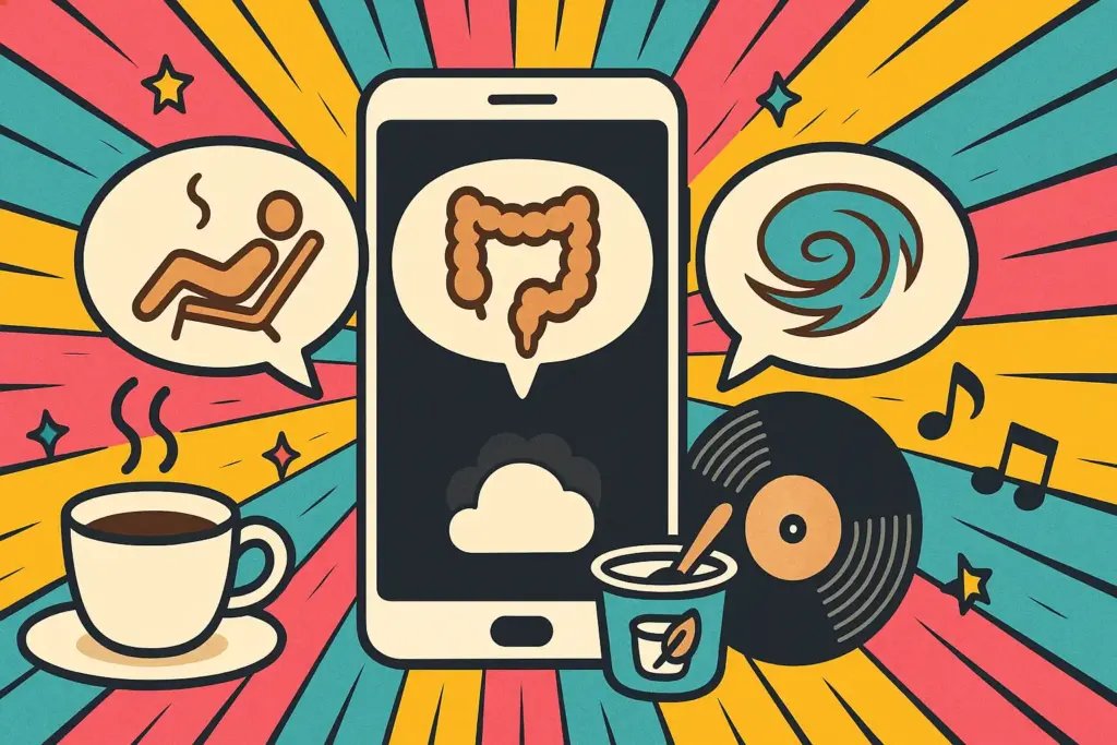 9月26日の豆知識を象徴するイラスト。スマホ画面と吹き出しに健康やくつろぎのアイコンを描き、SNS的に表現したデザイン。