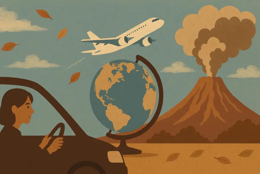 9月27日の記念日を表現する地球儀、飛行機、車、火山を描いたイラスト