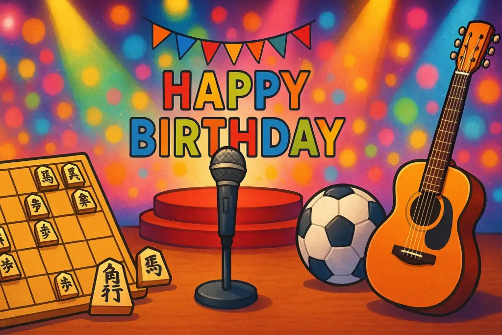 9月27日生まれの有名人を象徴する将棋盤、舞台マイク、サッカーボール、ギターのイラスト