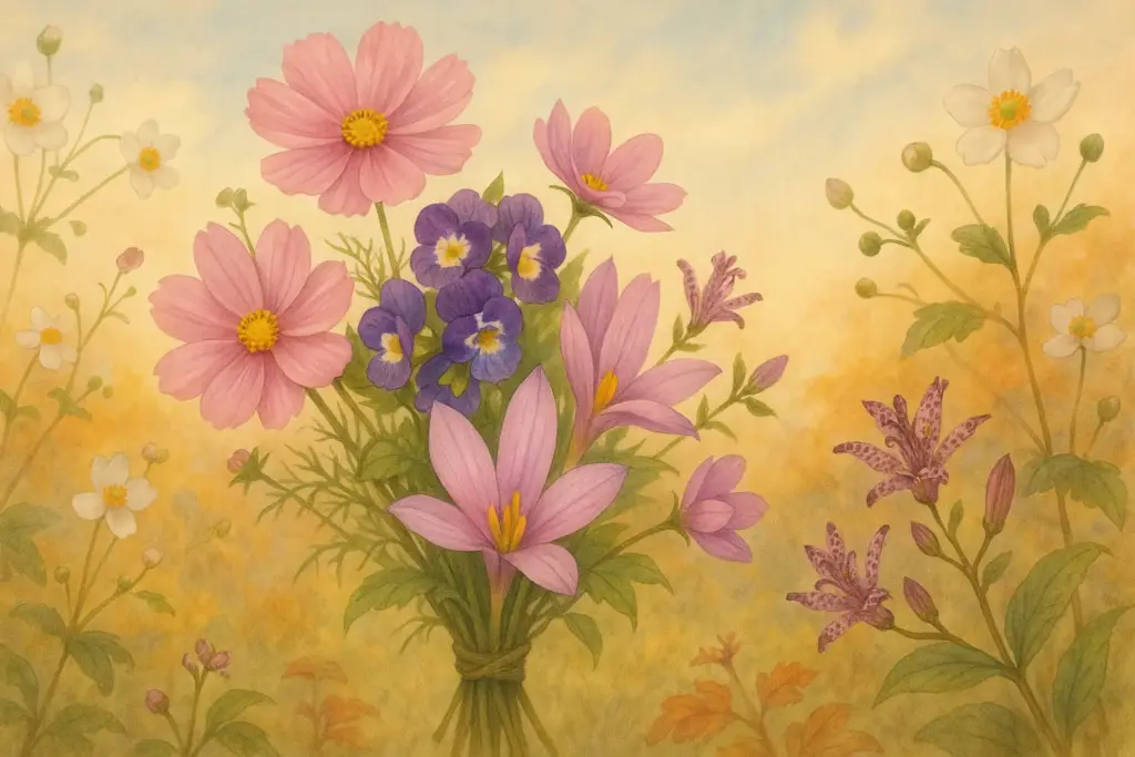 9月27日の誕生花コスモスやトレニア、コルチカムを束ねた秋の花束イラスト