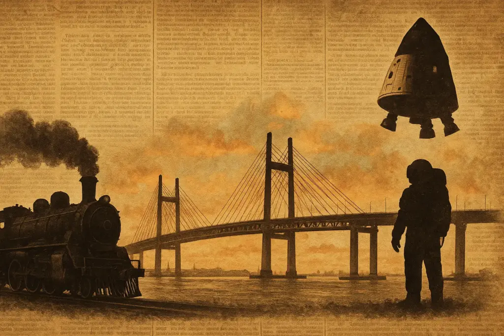 9月27日の歴史を象徴する蒸気機関車、横浜ベイブリッジ、宇宙飛行士を描いたイラスト