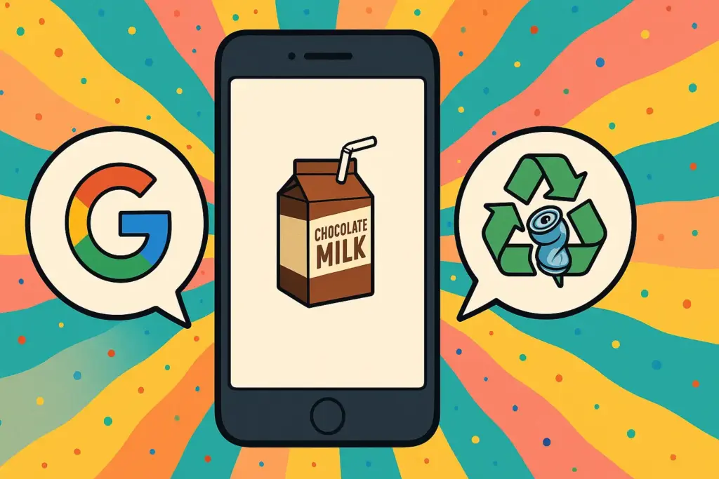 9月27日の豆知識を表すGoogleやチョコレートミルク、リサイクルを描いたイラスト