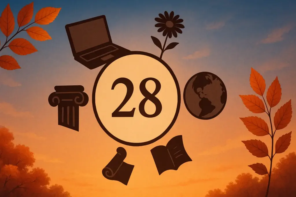 9月28日の記念日を象徴するパソコン、プライバシー裁判、環境問題、靴やグミ、にわとりを描いたイラスト