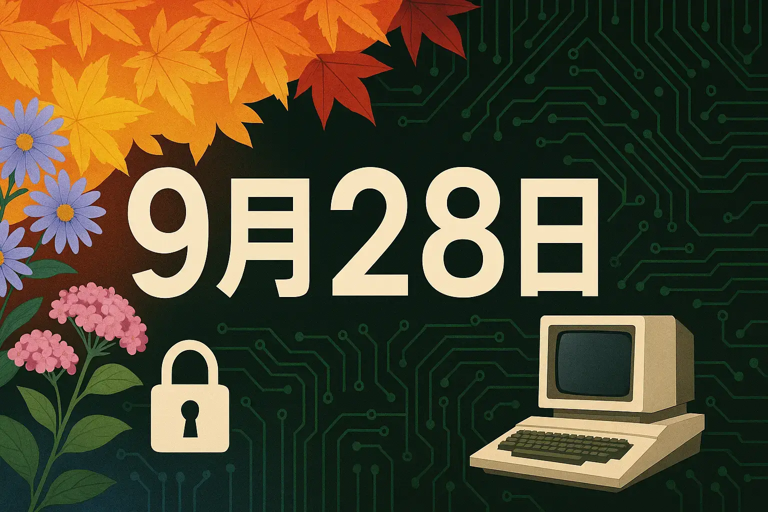 9月28日は何の日を象徴するアイキャッチ画像。レトロパソコンPC-8001、地球、琵琶湖大橋、星空を描いた横長デザイン