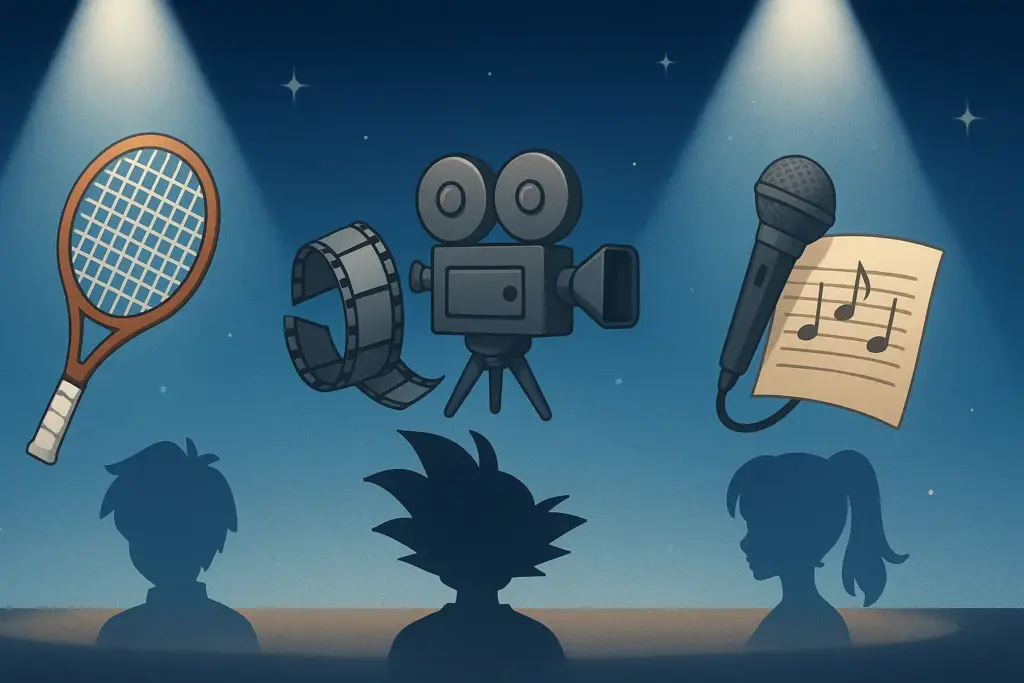 9月28日生まれの著名人やキャラクターを象徴する、テニスラケットや映画カメラ、マイク、キャラシルエットを描いたイラスト