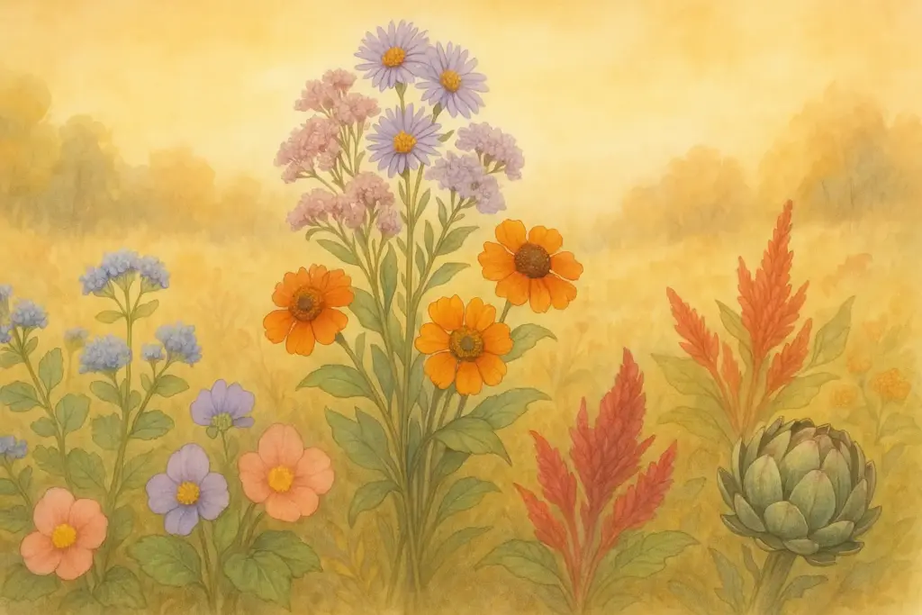 9月28日の誕生花フジバカマ、シオン、ヘレニウムを中心に秋の花々を描いたイラスト