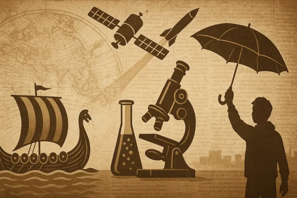 9月28日の歴史を象徴するノルマン軍、ペニシリン、香港雨傘運動、宇宙衛星を描いたイラスト