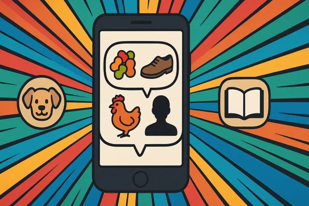 9月28日の豆知識を象徴するスマホ画面、グミや靴、鶏、犬や本のアイコンを描いたイラスト