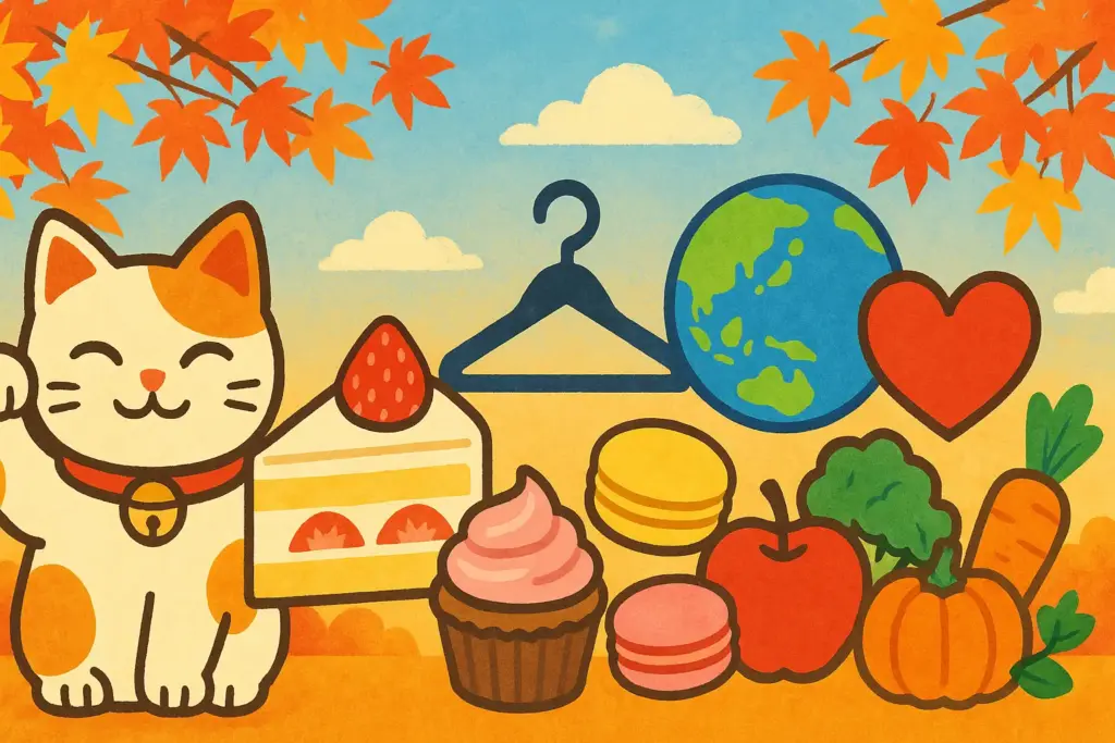 9月29日の記念日を表す招き猫や洋菓子、世界心臓デーや食品ロス削減を象徴するイラスト