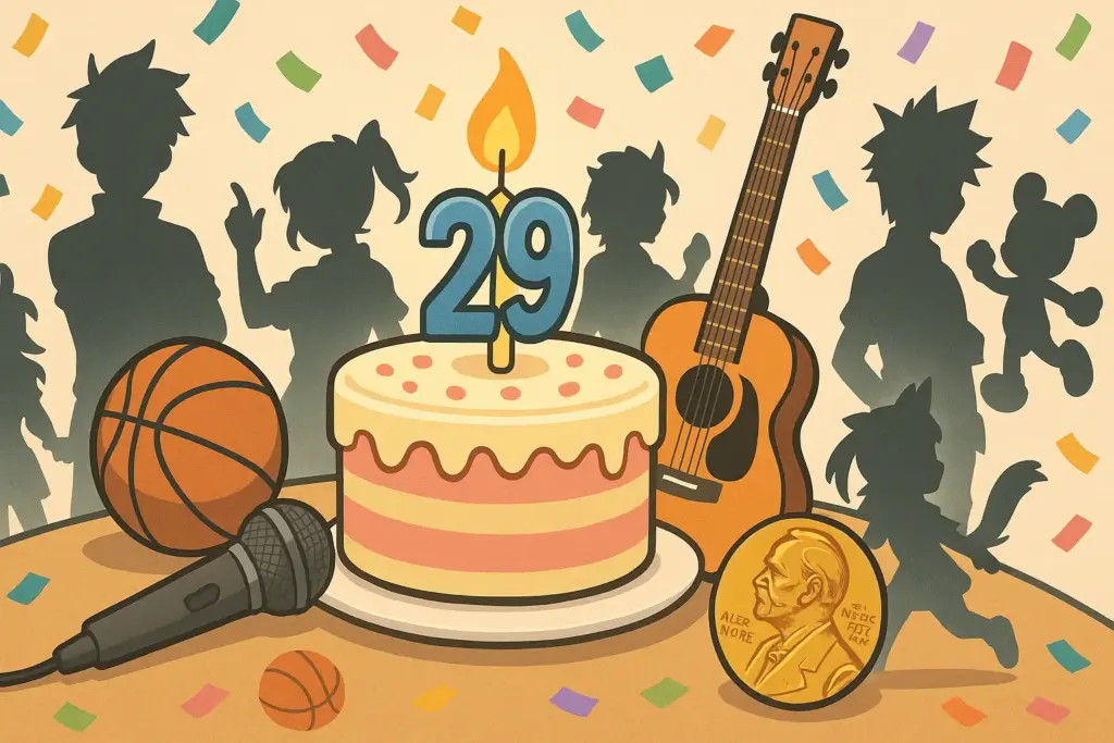 9月29日生まれの有名人やキャラクターを象徴する誕生日ケーキや楽器、スポーツのイラスト