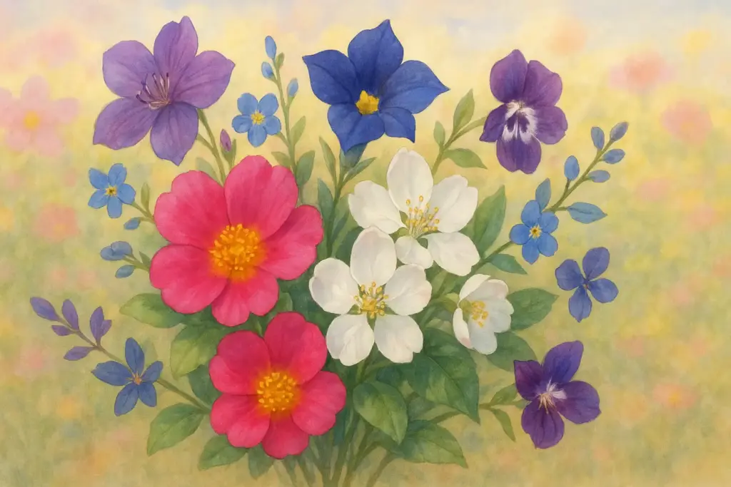 9月29日の誕生花ポーチュラカやリンゴの花、ツンベルギアを束ねた華やかなイラスト