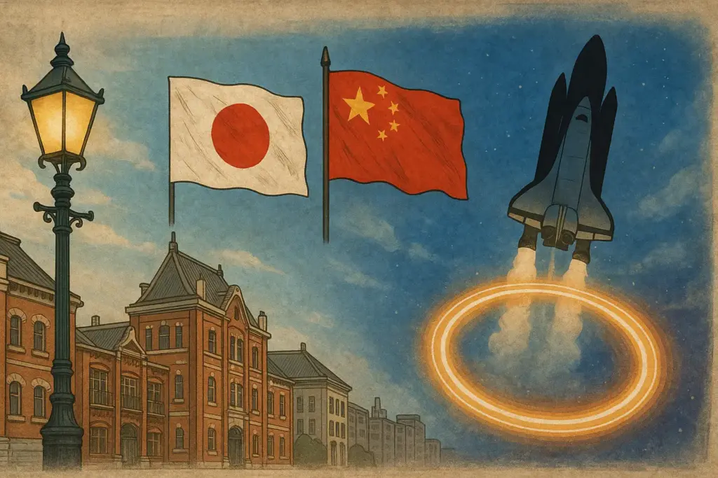 9月29日の歴史を象徴するガス灯や日中国交正常化、スペースシャトルやCERNを描いたイラスト