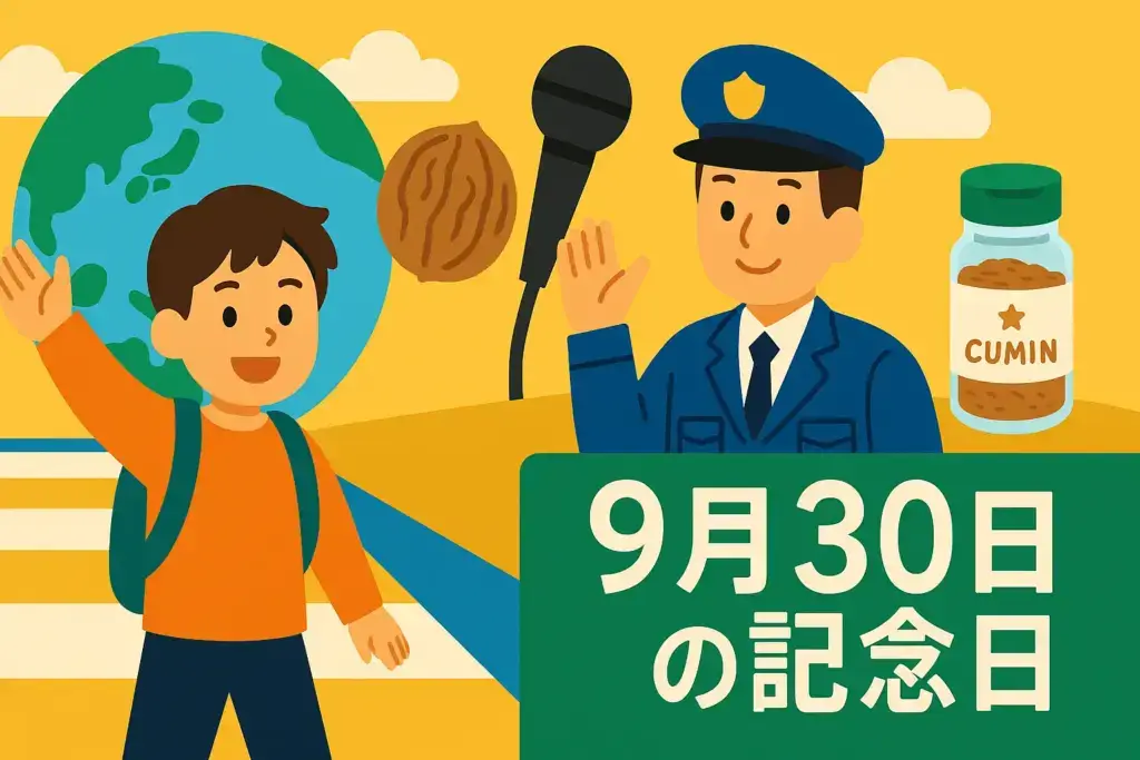 9月30日の記念日を表すイラスト。横断歩道の子どもと警察官、地球儀やマイク、クルミとスパイス瓶で交通安全や世界翻訳の日、くるみの日を象徴するデザイン