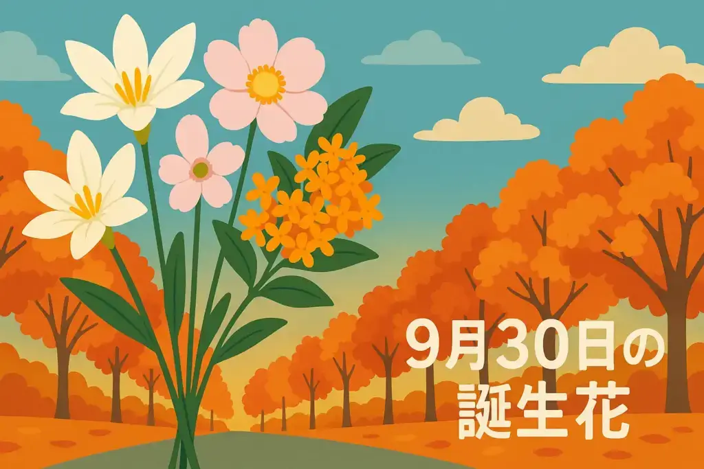 9月30日の誕生花を描いたイラスト。ゼフィランサスの白、シュウメイギクの淡いピンク、キンモクセイのオレンジを束ねた花束と秋の空や紅葉並木の背景
