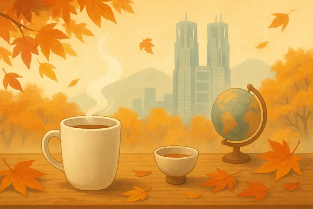 10月1日の記念日を象徴する挿絵。木のテーブルにコーヒーカップと日本酒の盃、秋の落ち葉、東京都庁のシルエットと地球儀を組み合わせたイラスト