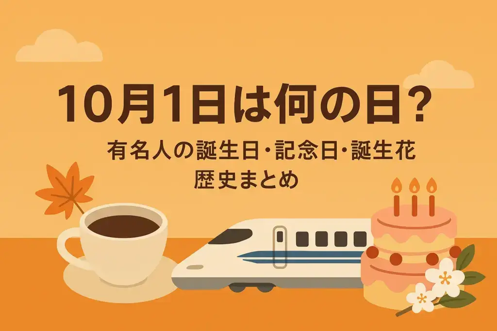 10月1日は何の日を象徴するアイキャッチ。コーヒーカップと日本酒、新幹線、誕生日ケーキ、萩やキンモクセイの花、紅葉を組み合わせた秋らしいイラスト
