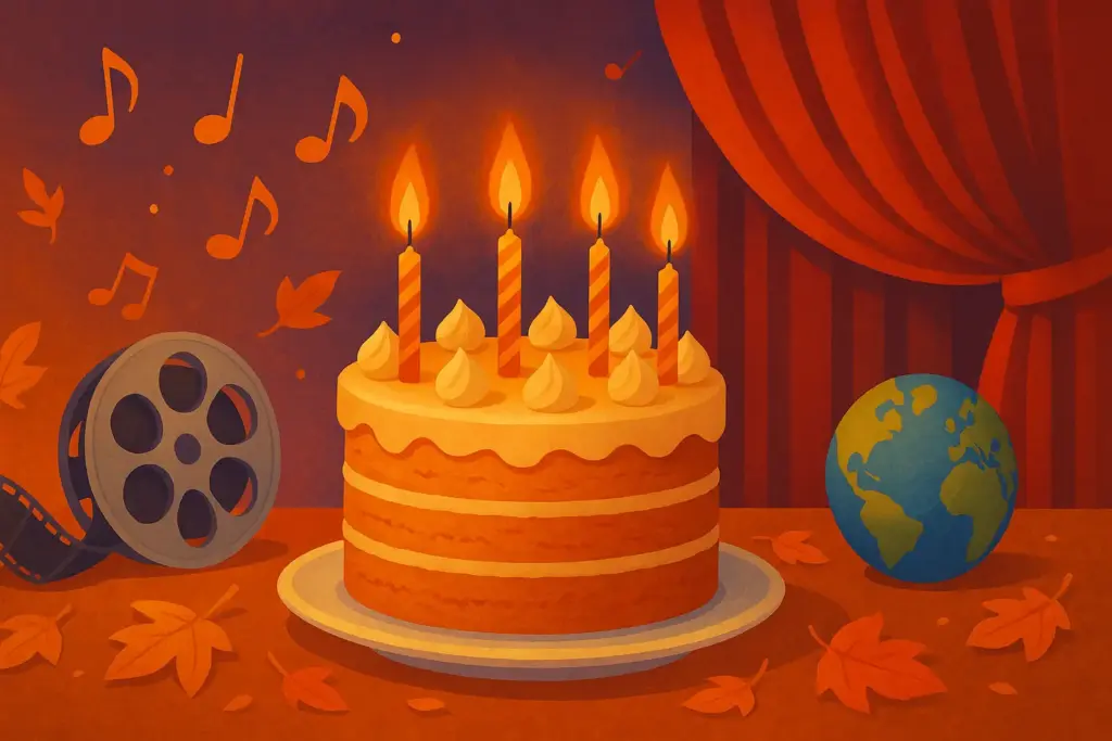 10月1日生まれの誕生日を祝う挿絵。誕生日ケーキのろうそく、音符や映画フィルム、舞台の幕、地球儀が浮かぶ華やかな秋のイラスト