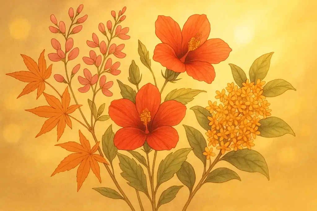 10月1日の誕生花を描いた挿絵。萩、モミジアオイ、キンモクセイを束ねたブーケが秋の光に照らされる植物イラスト